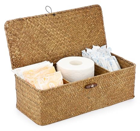 Sumnacon Small Woven Basket for Shelf, Wicker Shelves Storage Baskets with Sections Seagrass Storage Bin with Lid for Tampon Toiletry Rectangular Storage Basket for Bathroom Table Desk Caramel