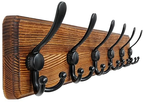 Dseap Coat Rack Wall Mounted - 24 Long 6 Tri Hooks, Heavy Duty Wooden Wall Coat Hanger Coat Hook for Clothes Hat Jacket Clothing, Natural and Black