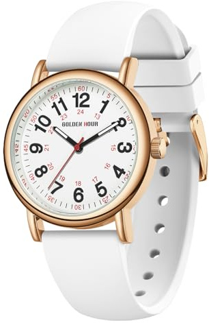 GOLDEN HOUR Wasserdichte Krankenschwesteruhr für medizinische Fachkräfte, Studierende, Frauen und Männer, Militärzeit, leicht ablesbares Zifferblatt, 24 Stunden mit Sekundenzeiger, buntes Silikonband