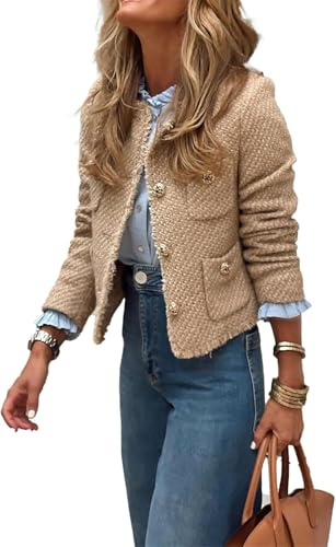 Elegante Giacca da Donna in Tweed Business Casual a Maniche Lunghe, Corta Moda Ufficio Carriera Girocollo Leggera
