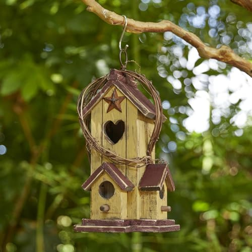 Glitzhome Bird Houses for Outside, Decorative Bird House,11.5H Distressed Solid Wood Hanging Birdhouses for Outdoors, Hummingbird House Bird Cottage with Rattan for Outdoor Patio Garden,Washed Yellow
