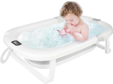 XXL Baignoire Pliable Bébé avec Thermomètre à eau, Baignoire Bebe, baignoire bebe pliable pour les bébés de 0 à 6 ans, (80 * 50 * 23-Gris)