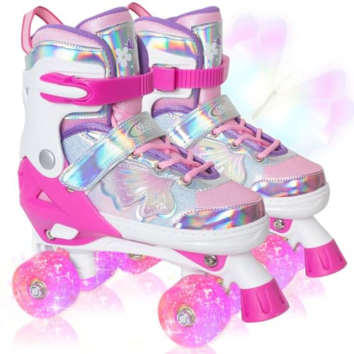 Nattork Kinder Rollschuhe für Mädchen und Jungen, Verstellbar Rollschuhe Rosarot für Größere Kinder im Alter von 7, 8, 9 und 10 Jahren Drinnen und Draußen Sport