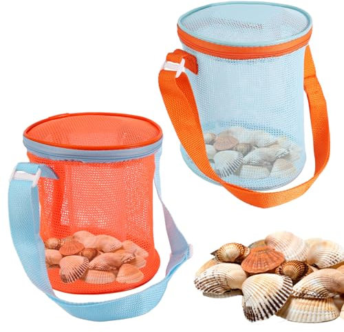 2pcs Beach Toys Mesh Bags, 6.5x6 Inch Adjustable Shoulder Strap Beach Seashell Shell Bag Practical Sand Toy Storage for Kids Pool Outdoor Activities (Orange, Blue)