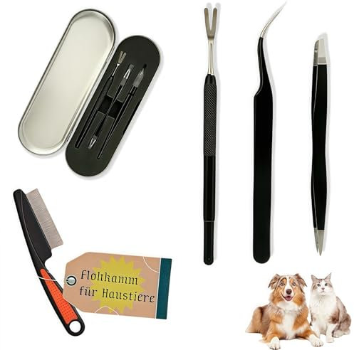 Zeckenzange 4er Set – Zeckenwerkzeug Kit für Hunde & Katzen mit Flohkamm & Etui, Zeckenpinzette & Haken für kleine & große Tiere, Chemiefrei, Für Garten, Reisen & Erste Hilfe