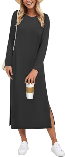 AUSELILY Long Sleeve Dress for Women UK Midi Split Loose Casual Ladies Dresses Autumn Winter Dress Black L