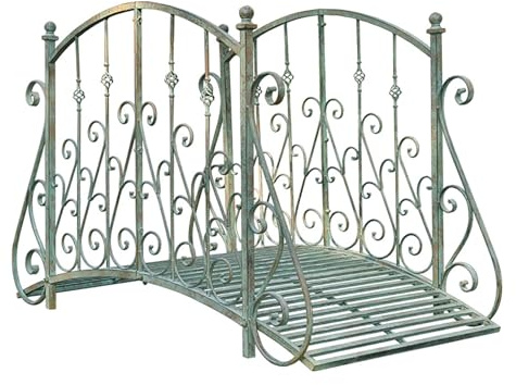 Puente de jardín zen de metal de 60 pulgadas con rieles de seguridad, puente decorativo para arroyos y estanques de peces, elegante pergamino floral, fácil de montar, decoración duradera de jardín al