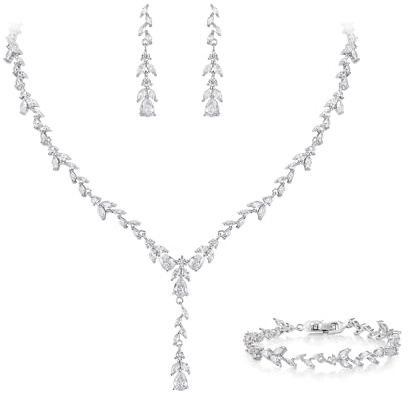 EVER FAITH Set di gioielli da donna per feste e sposa, elegante foglia di marquise, con zirconi a Y, collana e orecchini per matrimoni, banchetti e feste