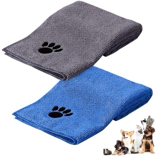 Vyranut Serviette de Toilette pour Chien, 2 Pièces Serviettes pour Animaux de Compagnie, Serviette de Bain pour Chien en Microfibres 75 x 35 cm, Serviette à Séchage Rapide, Absorbante(Gris/Bleu)