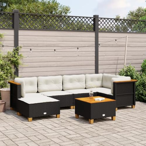 Frdhee Muebles de jardín de terraza, 7 piezas, conjunto de sofá de jardín con cojines de ratán negro de poli ratán, grupo de asientos para jardín de invierno, balcón, terraza, se puede montar