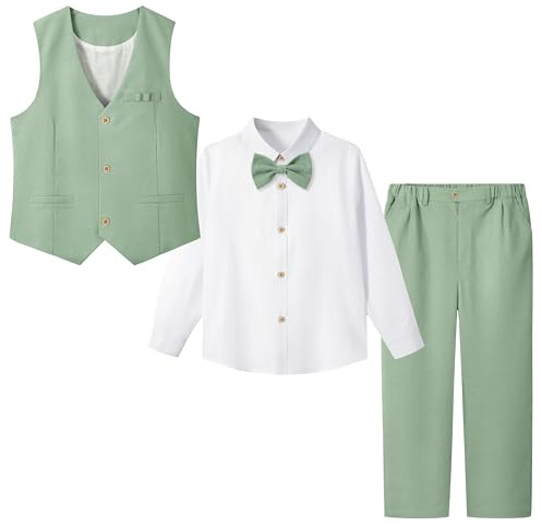 LOLANTA 4 Pièces Costume Garçon Mariage, Lin Gilet Pantalon Vetement Cérémonie Enfant, Tenue en Baptême, Fête d'anniversaire, Gilet+Pantalon+Chemise+Bowtie