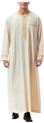 Generico Thobe Uomo Musulmano Abito Arabo Kaftano Tunica Lunga Manica Lunga con Ricami Eleganti Colletto alla Coreana e Tasche Abbigliamento da Preghiera Islamico S-3XL (Beige, L)
