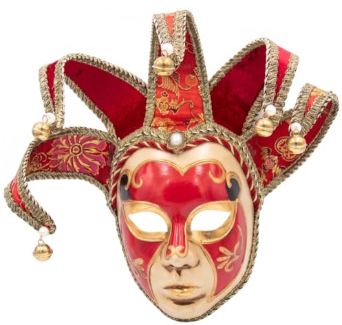 Qoidrfofse Jester-mask, venetiansk mask för hela ansiktet, maskermasker för män med guldmönster och klockor – röd