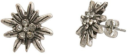Trachten Ohrringe Ohrstecker Strass-Edelweiß mini - Damen Trachtenohrringe mit Kristallstein zur Trachtenbluse,Edelweiss Dirndl-Schmuck mit klaren Strass-Steinen zum Oktoberfest (antik-silber-farben)