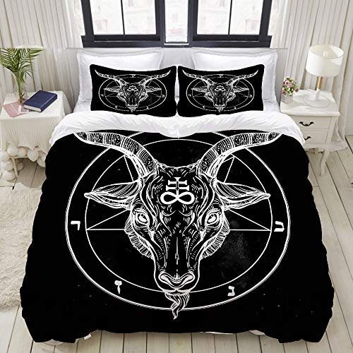 ALLMILL Bettwäsche-Set, Mikrofaser,Pentagramm mit Dämon Baphomet Satanic-Ziegen-Kopf-binäres Symbol-Tätowierungs-Retro- Musik,1 Bettbezug 200 x 200cm+ 2 Kopfkissenbezug 80x80cm