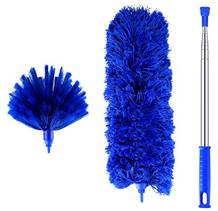 2 Pcs Feather Dusters, Extendable Feather Duster with Stainless Steel Long Extension Pole, Microfiber Domed Corner Cobweb Dusters for Cleaning Spider Webs, Cars, Blinds, Ceilings, Fans - Blue