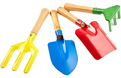 Kids Gardening Tools Set, 8 Safe Beach Sandbox Toy Made of Metal with Sturdy Wooden Handle Gardening Equipment Fork, Trowel, Rake & Shovel for Children (4 Pcs)