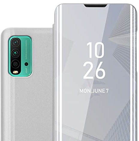 cadorabo Coque Compatible avec Xiaomi RedMi 9T / POCO M3 en Agate Argent - Housse Protection Miroir Clear View - Pochette de Protection avec Fonction de Support Protection à 360 Degrés