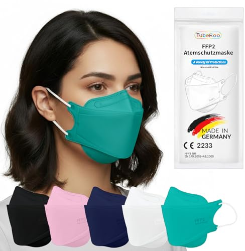 TubeRoo FFP2,Mascarilla con forma de pez turquesa, 20 unidades, fabricada en Alemania, certificado CE, trabillas blandas para las orejas, máscara de protección respiratoria, máscara de pescado
