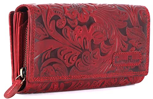 Chunkyrayan Damen Portemonnaie Echtleder XXL RFID Schutz inklusive Leder Schlüsselanhänger GB-7 Red Flower 1