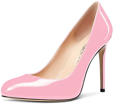Aachcol Femmes Aiguille Escarpins Fermé Rond Bout Haut High Talon Heel Slip-on Chaussures Mariage Bureau Classique 10 CM Rose Vernis 43 EU
