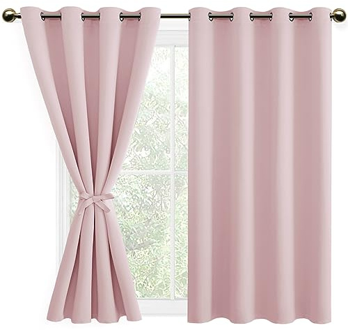 DWCN Blackout Curtains with Tiebacks for Bedroom Thermal Insulated Solid Eyelet Curtains for Living Room,2 Panels,52 Wide x 54 Drop Pink