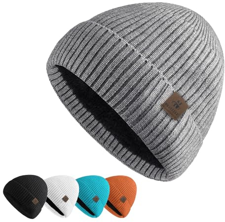 UNNESTAR Bonnet en laine pour homme - Chapeaux d'hiver en polaire pour homme, garde au chaud par temps froid, bonnet thermique, bonnet en tricot, gris, taille unique