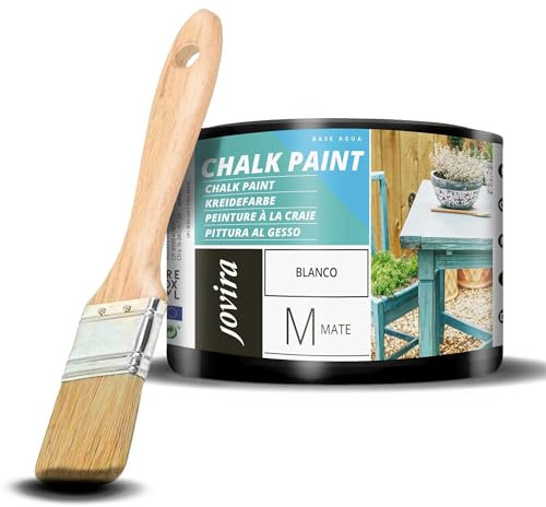 JOVIRA PINTURAS Chalk Paint - Vernice gessata all'acqua opaca + Pennello speciale per legno. Rinnovate i vostri mobili con creatività. (375 Millilitri, Bianco + Pennello)