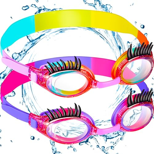 Konohan 2 Pieces Kids Swim Goggles Eyelashes Girls Funny Swim Goggle No Slip Leak Anti Fog UV Glasses for Lash Extensions(Pink Purple, Neon Color)
