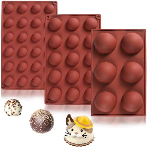 Silikonformen für Heiße Schokoladenbombe - Halbrunde Backformen aus Silikon, Ideal für Heiße Kakao Bombe, Kuchen, Gelee, Pudding, Kuppel-Mousse (Sortierte Größen 6/15/24 Mulden, Packung mit 3)
