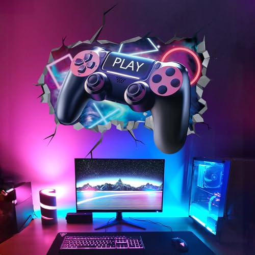 decalmile Wandtattoo 3D Gamer Durchbruch Junge Wandaufkleber Gaming Controller Wandsticker Jugendliche Schlafzimmer Spielzimmer Wanddeko