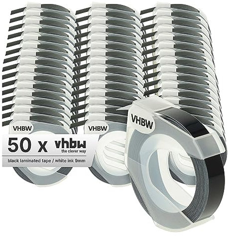vhbw 50x 3D Prägeband-Schriftband-Kassette kompatibel mit Dymo Jet, Junior Embosser Home S0717900 Etiketten-Drucker 3m x 9mm Weiß auf Schwarz