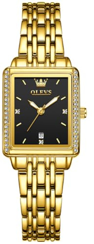 OLEVS Damenuhren, kleines Zifferblatt, quadratische Uhren für Frauen, luxuriöse goldfarbene Damen-Armbanduhr, elegante Diamant-Edelstahl-Damen-Kleideruhr, A4-schwarzes Zifferblatt/goldfarbenes Band