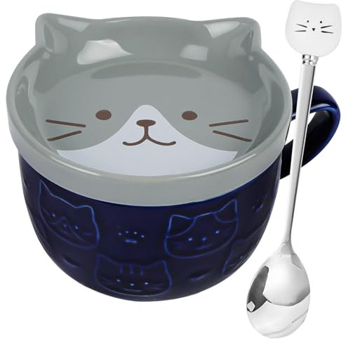 HOTUT Cute Kawaii Blue Cat Coffee Mugs with Lids, Cute Animal Coffee Tea Cup Saucer Set, Kawaii Ceramic Mugs with Biscuit Holder and Spoon, Funny Novelty Cat Breakfast Mugs for Girls Friend Kids Wife