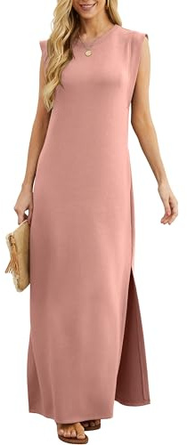 GRECERELLE Summer Maxi Dress Wedding Guest Maternity Party Casual Shirt Elegant Sleeveless Dresses for Ladies with Split and Pockets (Deep Pink,L)