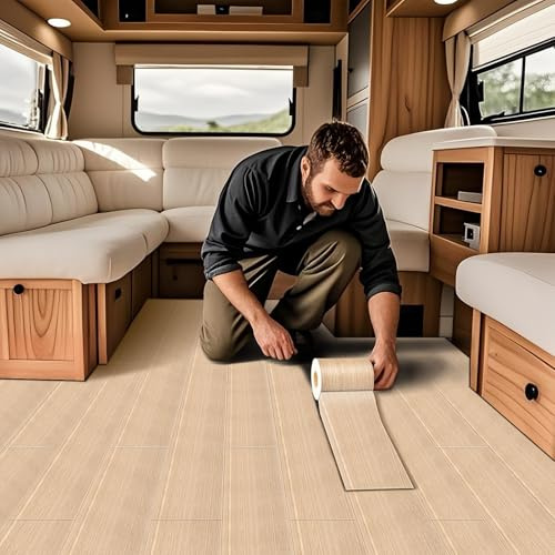 VFGFDJNDFX Revetement De Sol Pvc En Rouleau Pour Camping Cars Caravane, Parquet Adhesif Sol Vinyle Imperméable Antidérapant Aspect Bois (Beige clair,20 * 500cm)
