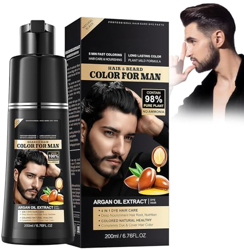HOUSN Champú Tinte Cubre Canas, Black Hair Dye Shampoo 3 en 1 Con Aceite de Argán y Noni, Cubre Canas Instantáneo en 15 Min, para Cabello y Barba, 200ml