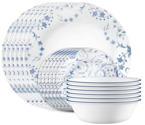 Corelle Vitrelle 18-Piece Service for 6 Dinnerware Set, Triple Layer Glass and Chip Resistant, Lightweight Round Plates and Bowls Set, Darlington