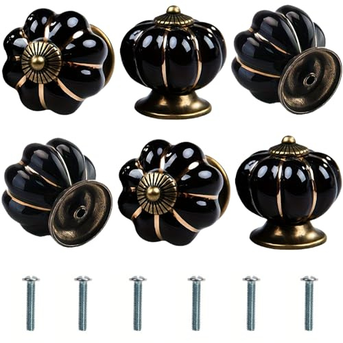 Bikasun 6 pomos para muebles con forma de calabaza, negro, pomos vintage de cerámica, pomos para armarios con tornillos, tiradores para cajones de armarios, cómodas