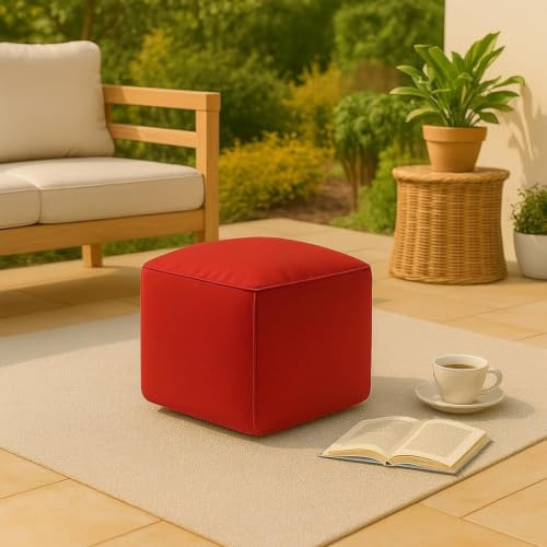 HOMES-LINEN Bean Bag Footstool Pouffe Cube Waterproof Ottoman Stool Foot Rest Indoor Outdoor Garden Seating Made in UK 40 x 40 cm (Red)