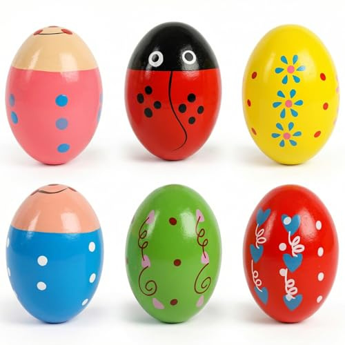 SallyFashion 6PCS Egg Shakers Musical Instruments for Babies, Wooden Maracas for Kids Hand Percussion Musical Eggs Easter Basket Stuffers Party Favors