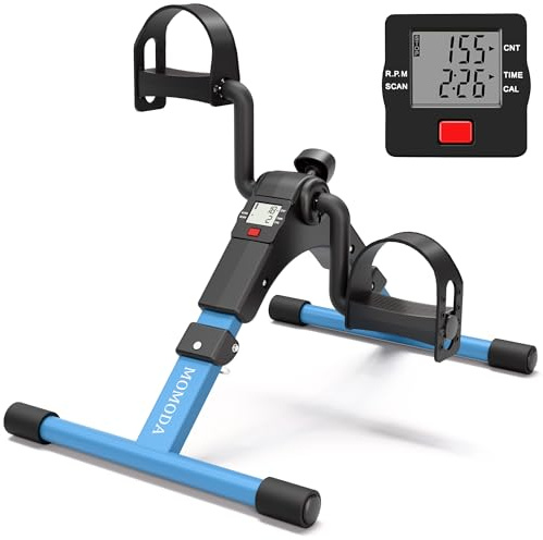 MOMODA Ejercitador de Pedales, Bicicleta de Ejercicio para Piernas y Brazos con Monitor LCD, Plegable (Negro/Azul)