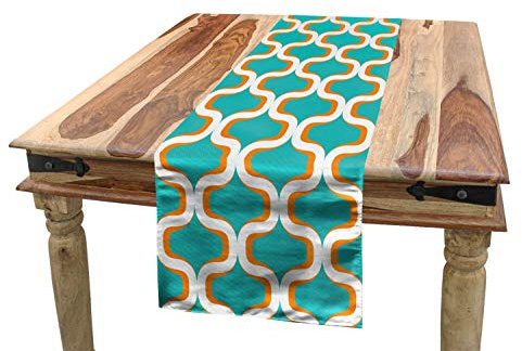 ABAKUHAUS Geometrisch Tischläufer, Siebziger Jahre Retro-Formular, Esszimmer Küche Rechteckiger Dekorativer Tischläufer, 40 x 180 cm, Orange Weiß Teal