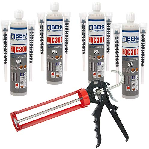 4 x Premium Verbundmörtel 300ml + 8 Mischdüsen + Hochleistungs- Auspresspistole Ankerkleber Injektionsmörtel SET