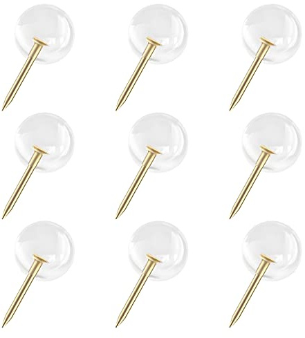 VAPKER Lot de 150 punaises à tête ronde de 9,5 mm en or avec pointe en acier doré et tête en plastique transparent pour photos, affiches, documents