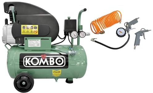 KOMBO - Compressore Elettrico 2.0 HP 24 Litri – 8 Bar, 2800 giri/min, con Accessori Inclusi – Pompa Aria per Officina, Verniciatura, Pneumatici, Gonfiaggio, Soffiaggio, Pulizia