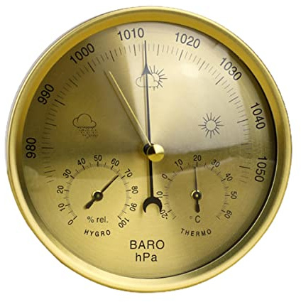 Stazione meteo barometro 3 in 1 in metallo, 13 cm, barometro per la casa con telaio rotondo, per uso interno ed esterno, barometro, termometro, igrometro