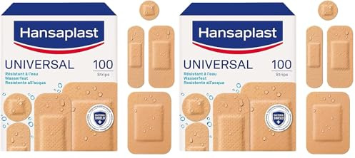 Hansaplast Universal 100 Pansements, Pansements résistant à l’eau et à la poussière, Pansements stériles prédécoupés pour toute la famille (Lot de 2)