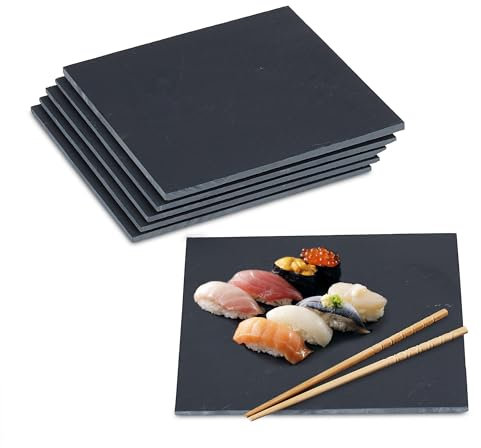 Relaxdays Set de 6 Posavasos de Pizarra, Bandeja Cuadrada, Tabla Quesos, Sushi, Embutido, Postres, 25 x 25 cm, Negro