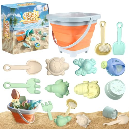 Strandspielzeug für Kinder, 11pcs Sandspielzeug Set enthält zusammenklappbare Sandeimer Schaufel und Sandharke Spielzeug, Sandkasten Spielzeug für ab 1 2 3 Jahre Mädchen Junge (Orange)